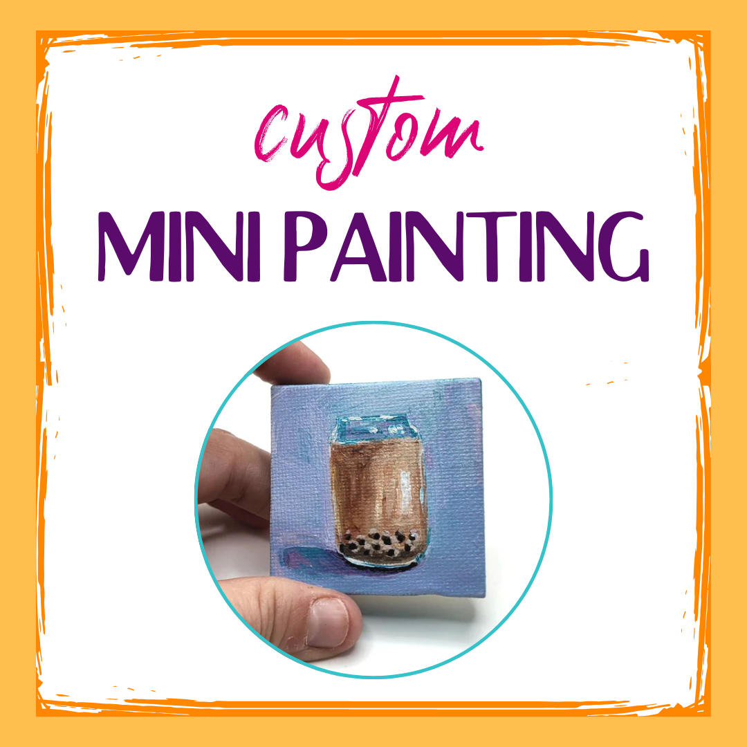 Graphic reads Custom Mini Painting. Features a 2x2 inch canvas with glass of boba tea on gradient blue background. Kellie Sansone Creates