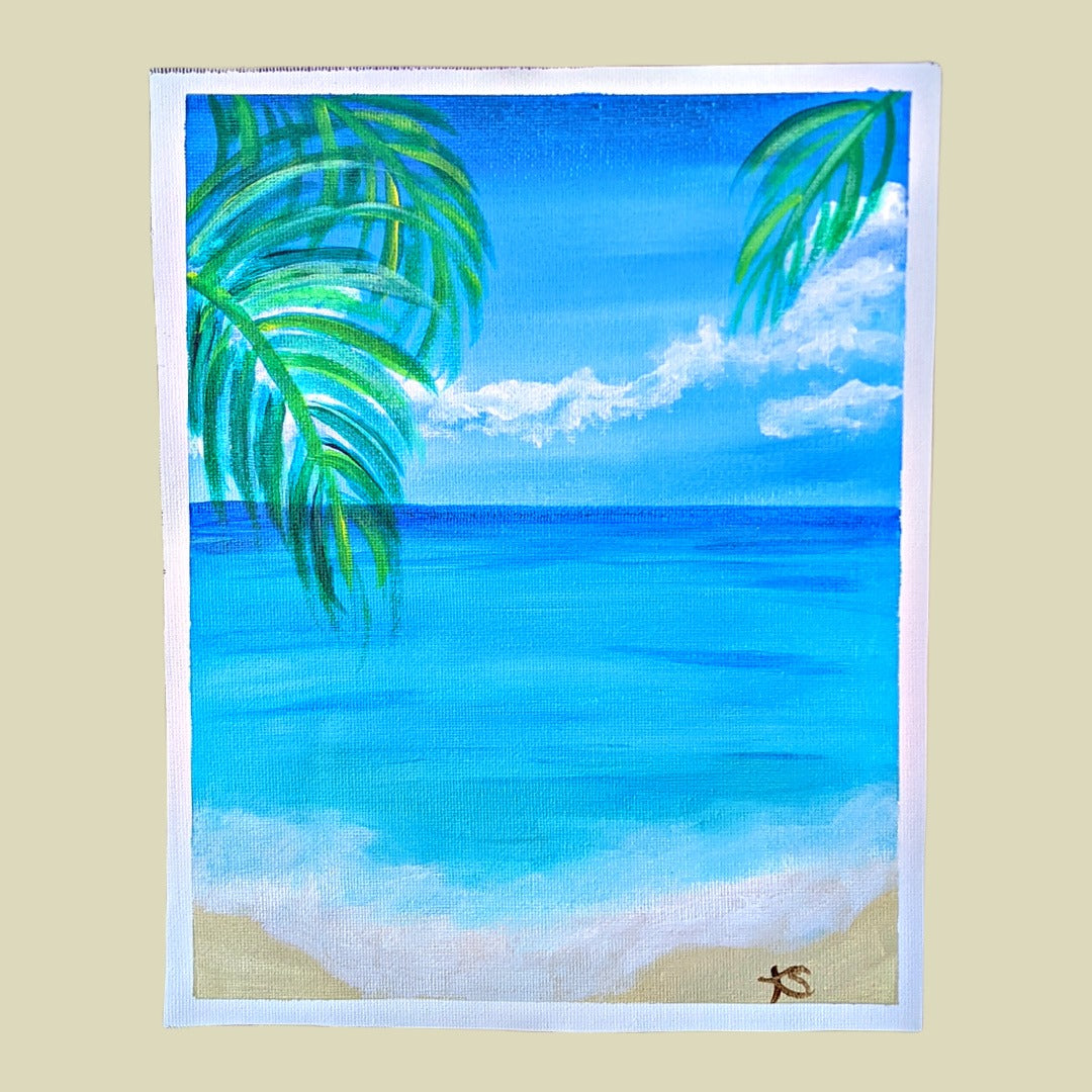 painting of a blue sky beach scene with palm fronds in the corners