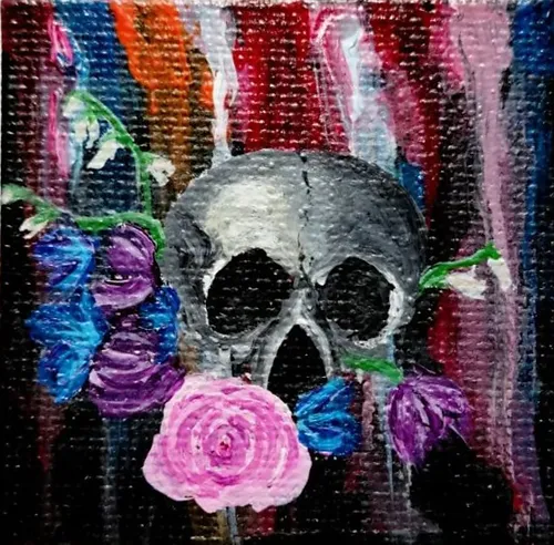 Hand painted human skull with colorful flowers and abstract colorful background vinyl sticker Kellie Sansone Creates