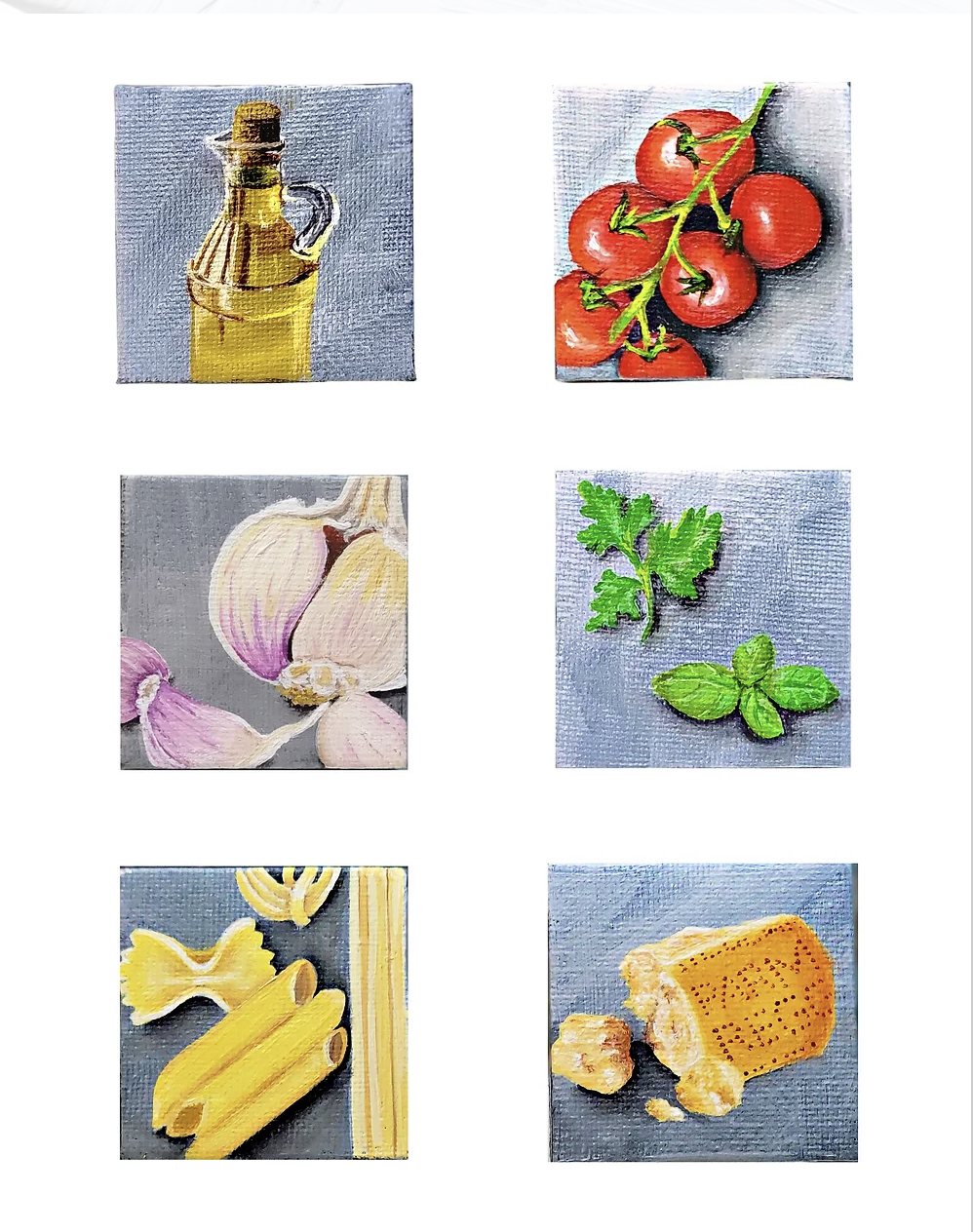 grid of mini acrylic paintings including olive oil, cherry tomatoes on a vine, garlic bulb and cloves, herbs, fresh pasta in different shapes, and a rind of parmesan cheese. Kellie Sansone Creates