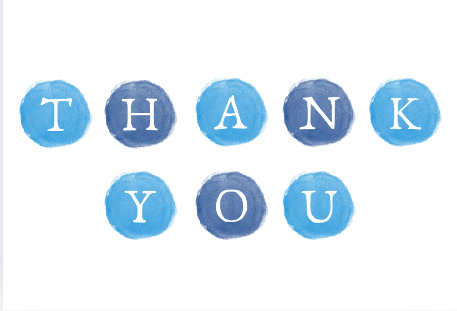 Blue watercolor circles with letters spelling 'THANK YOU' on a white background