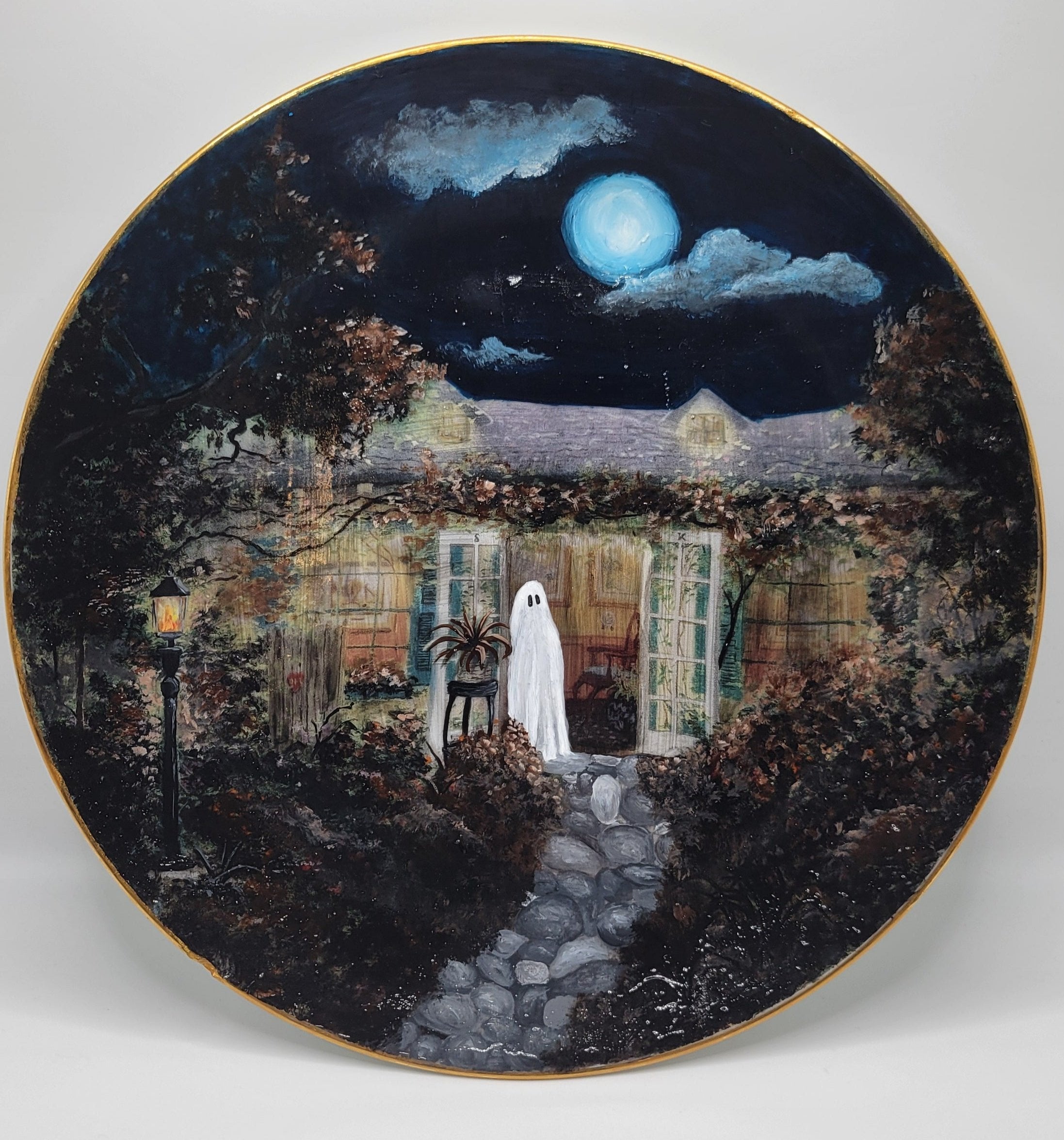 painting of ghost in doorframe of home