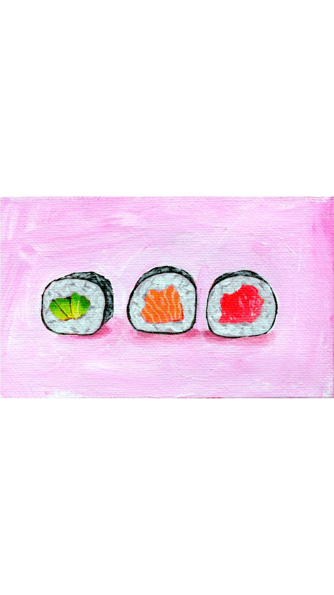 painting of varying sushi rolls on a pink background