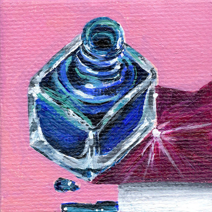 painting of blue nail polish container with pink background