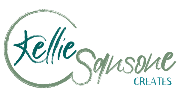 Kellie Sanson Creates logo, dark teal blue and sage green in paint-like script font