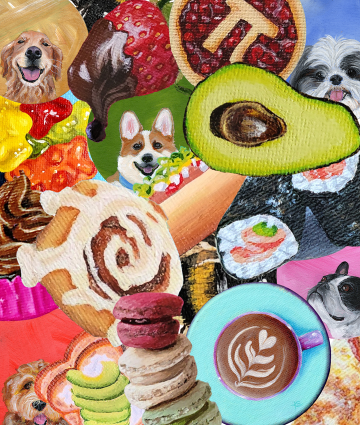 Collage of mini acrylic painting designs including nostaglic food, pet portraits, and coffee drinks. Kellie Sansone Creates