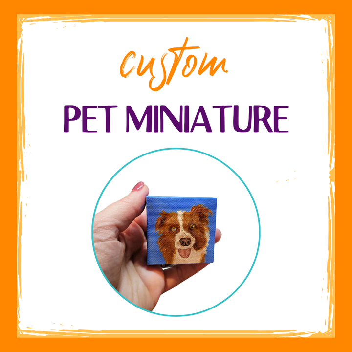 Graphic reads custom pet miniature with a 2x2 inch canvas with a border collie's hand-painted portrait on blue background. Kellie Sansone Creates