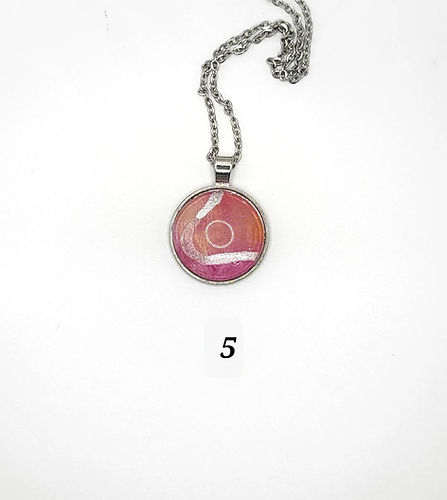 hand-painted acrylic abstract design with deep pink, orange, and silver swirls