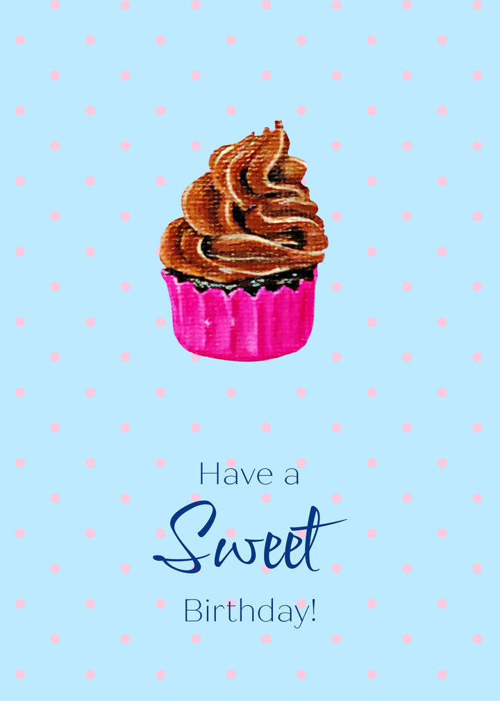 Vertical blue greeting card with pink polka dots, a chocolate cupcake, and writng that reads Have a SWEET birthday! Kellie Sansone Creates