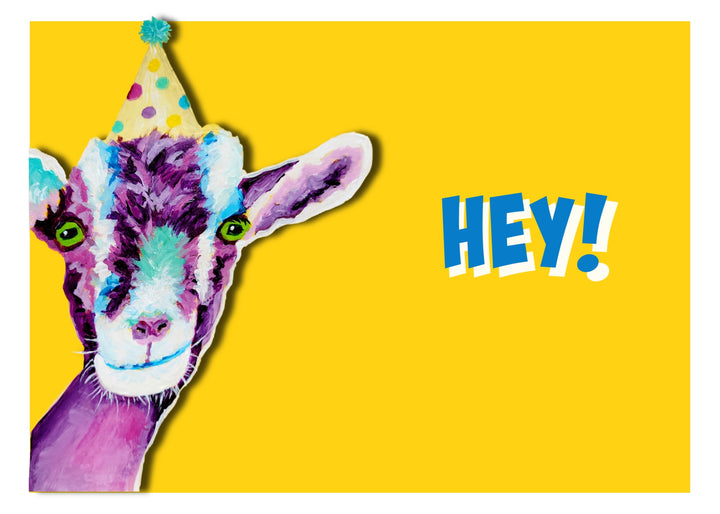 Horizontal yellow greeting card with purple colorful goat wearing a birthday party hat. All caps block writing reads "HEY!" Kellie Sansone Creates