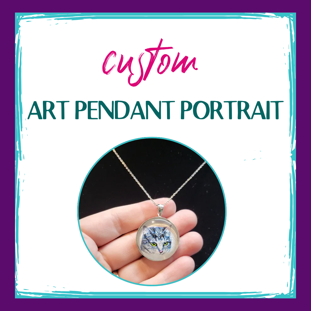 graphic: custom art pendant portrait with handpainted cat portrait topped with glass set in sterling silver on a necklace chain