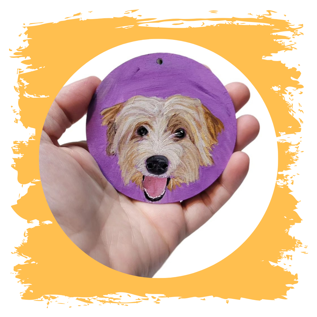 Yellow filled square brushstroke graphic with pet portrait. Kellie Sansone Creates